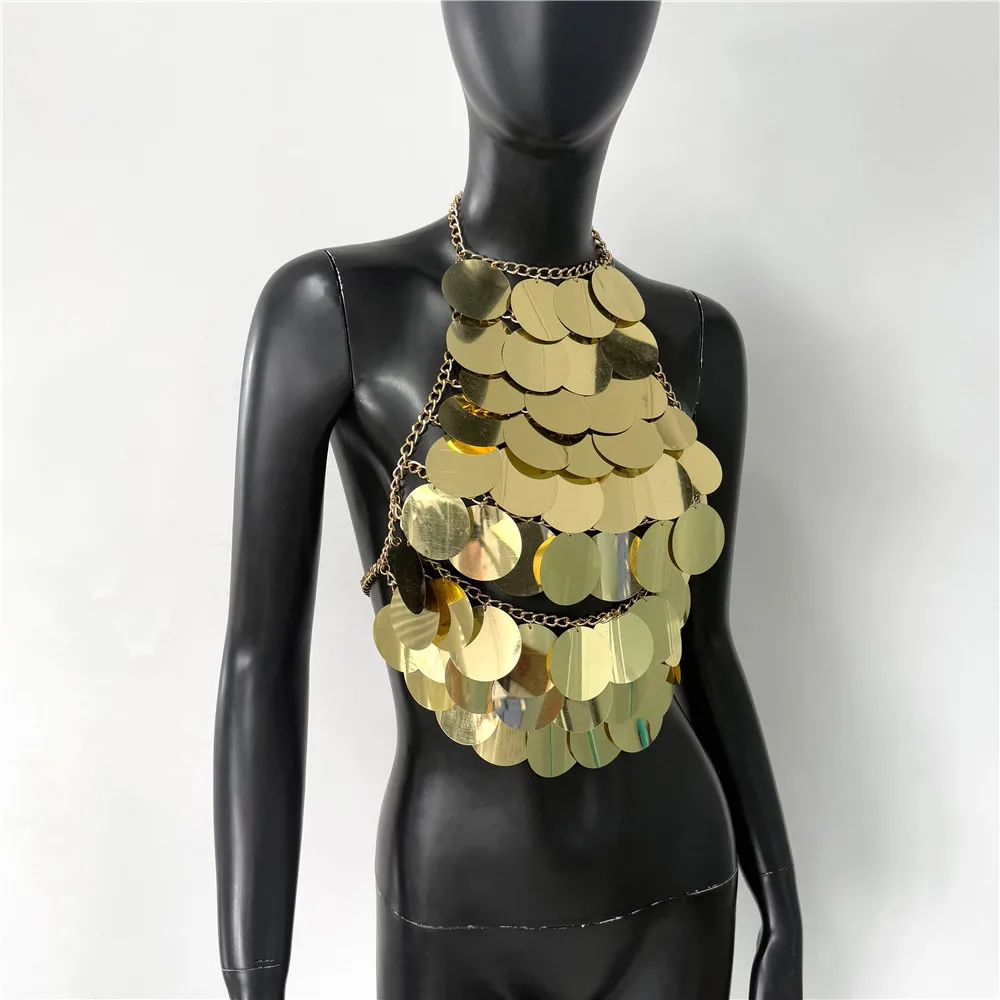 Damen Metall-Pailletten Rückenfreies Top Sexy Ausgeschnittenes Neckholder-Oberteil Handgefertigtes Träger-Top Rave Festival Party Tanktop Crop Top – Detail 6