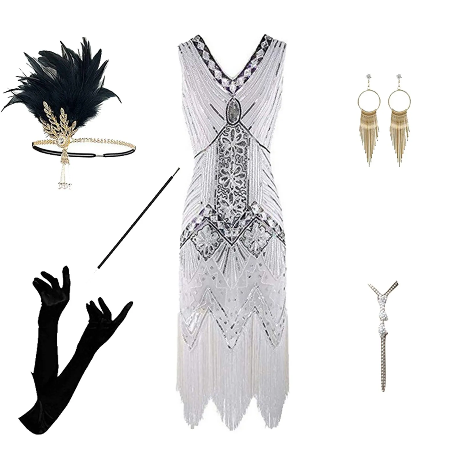 Vintage 1920s Flapper V-neck Double Tassel Dress Great Gatsby Cosplay Costume Cocktail Party Charleston Dance Sequin Stud Dress