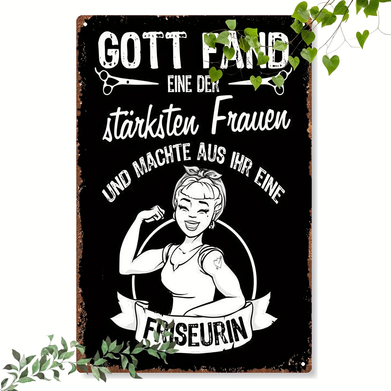 2D Flat, Vintage German Hairdresser Tribute Metal Wall Art  Sign with Female Hairdresser Symbol & German Quotes, Empowering