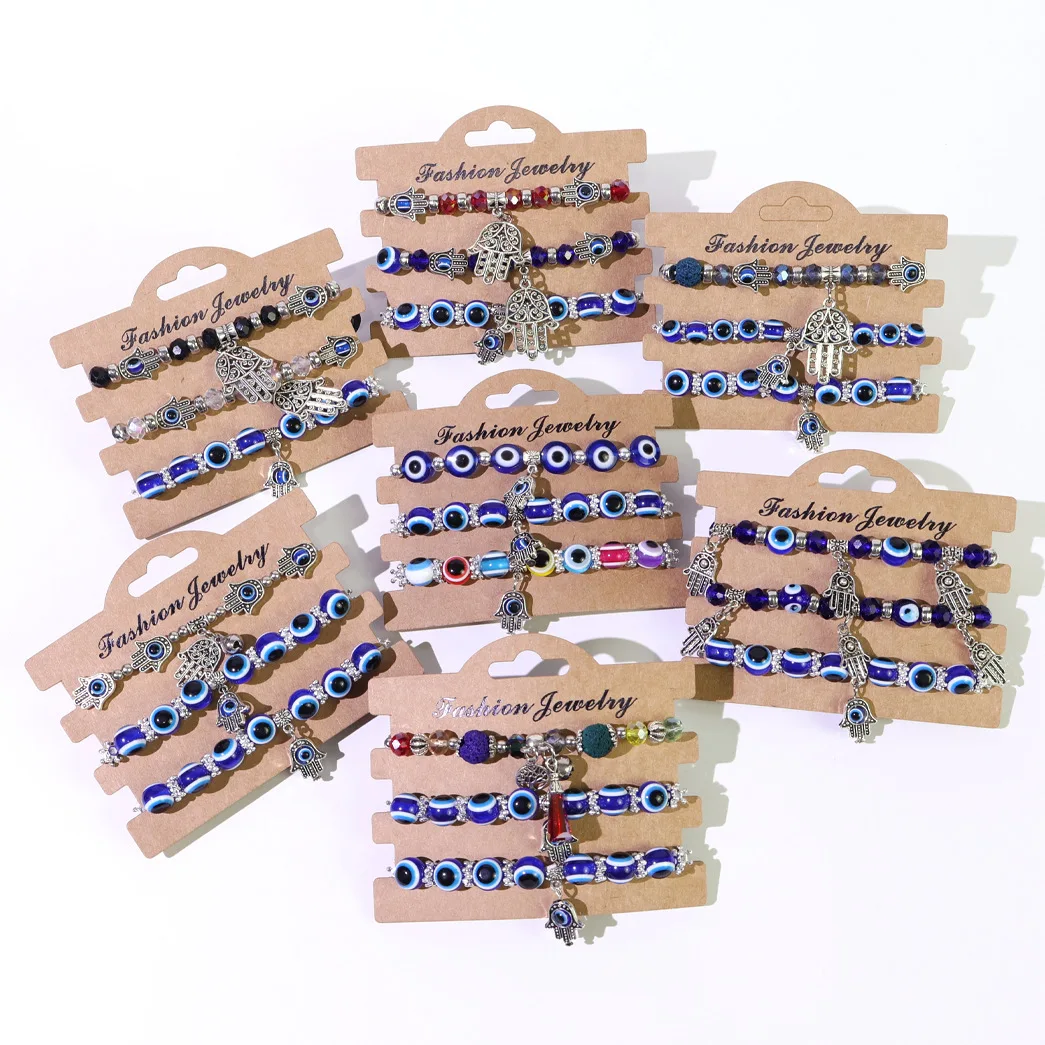 6sets Turkish Blue Evil Eye Fatima Palm Charms Bracelet Sets Card Lucky Women Colorful Crystal Bead Elastic Chain Bangle Jewelry