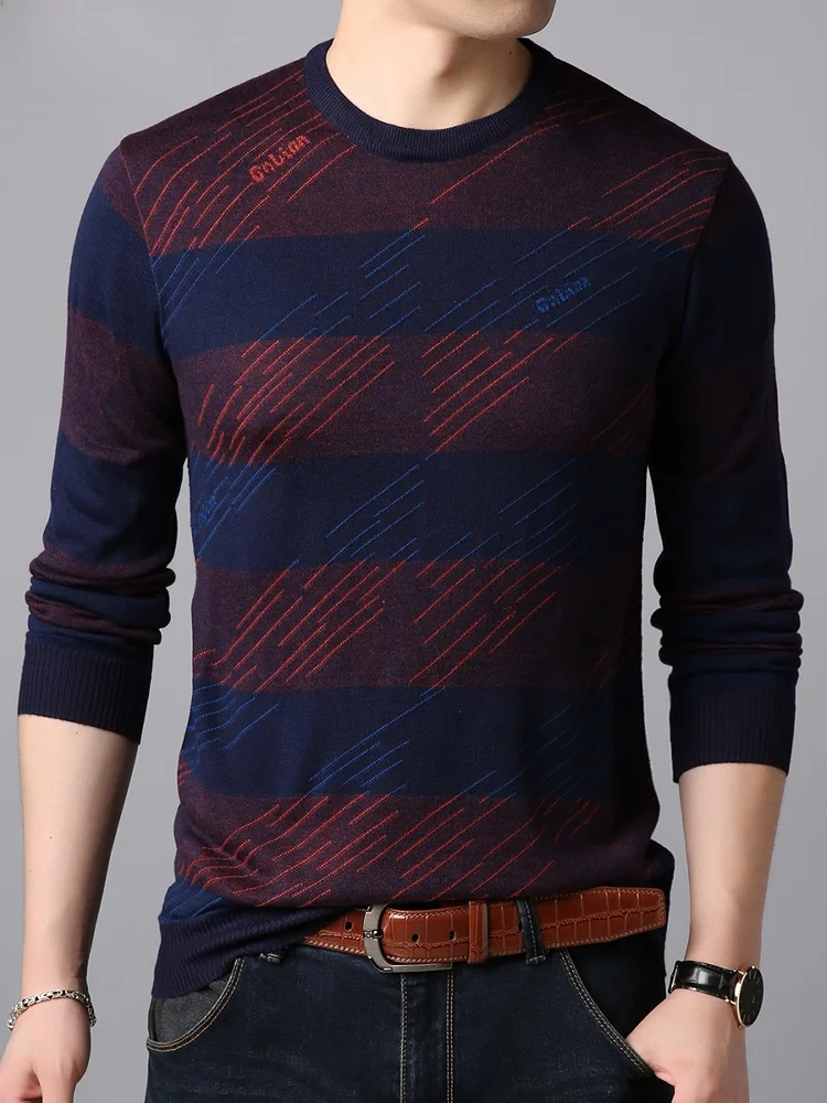 

TUCANO Men's Thin Knitted Long Sve round Ne Striped T-irt Faionable Spring Autumn Base Layer irt Casual Wool Blend