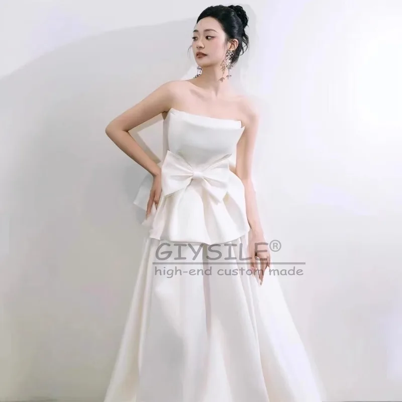 

GIYSILE Customized Tube Top Fashion Sexy Light Wedding Dress Simple Satin Temperament Bow Bandage Sleeveless Evening Dresses