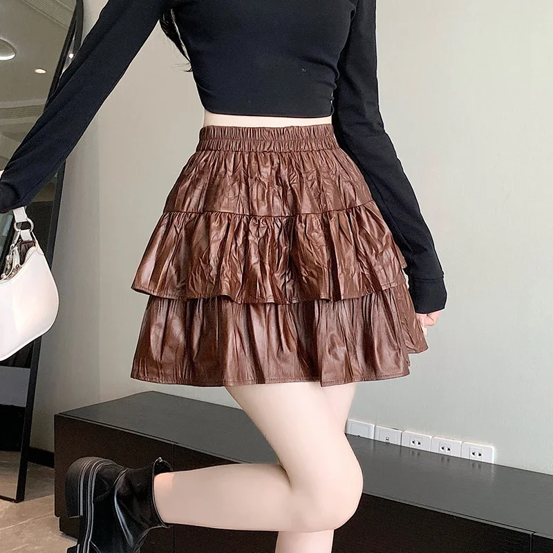 Vintage PU Leather Half-body Skirts Women Autumn Elastic Waist A-line Solid Color Skirt Casual Versatile Ball Gown Skirts Female