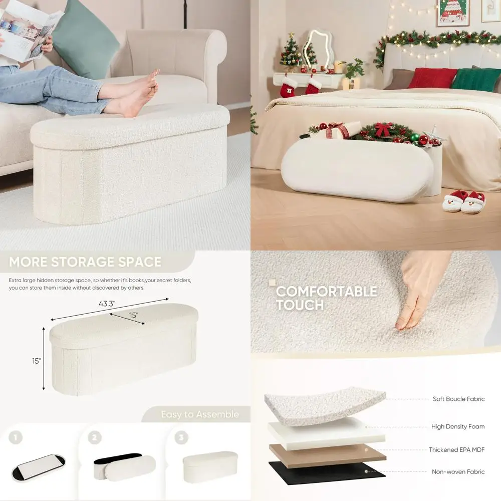 

White Collapsible Storage Ottoman, 43.3 Sherpa Footrest Bench for Living Room & Bedroom