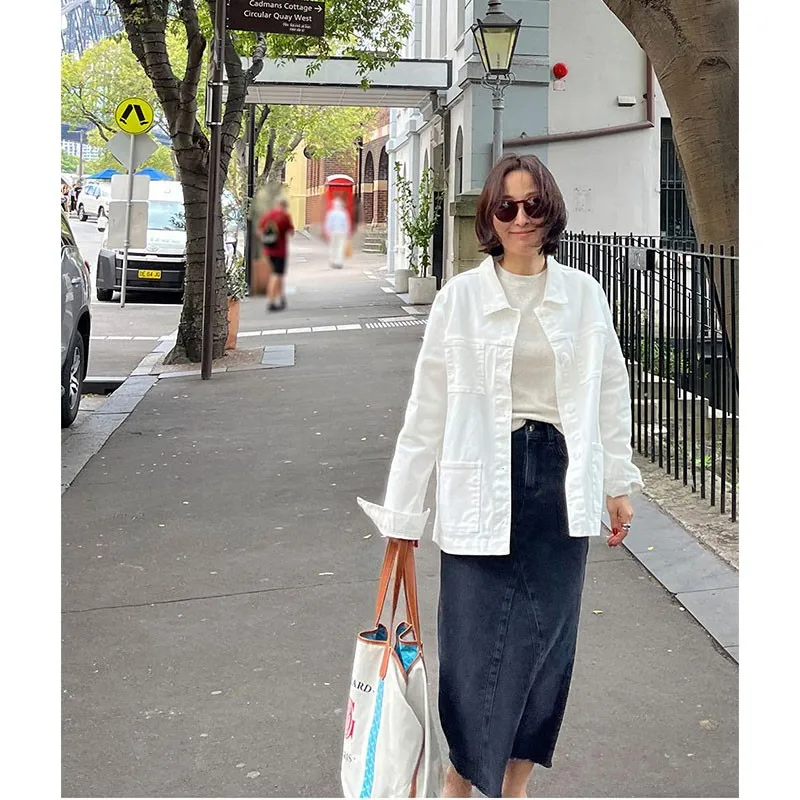 Casual Workwear Style Shirt Jacket Women's Small Size Loose Wash Cotton Denim Collar Stand up Jacket Long Sleeve Pure Color