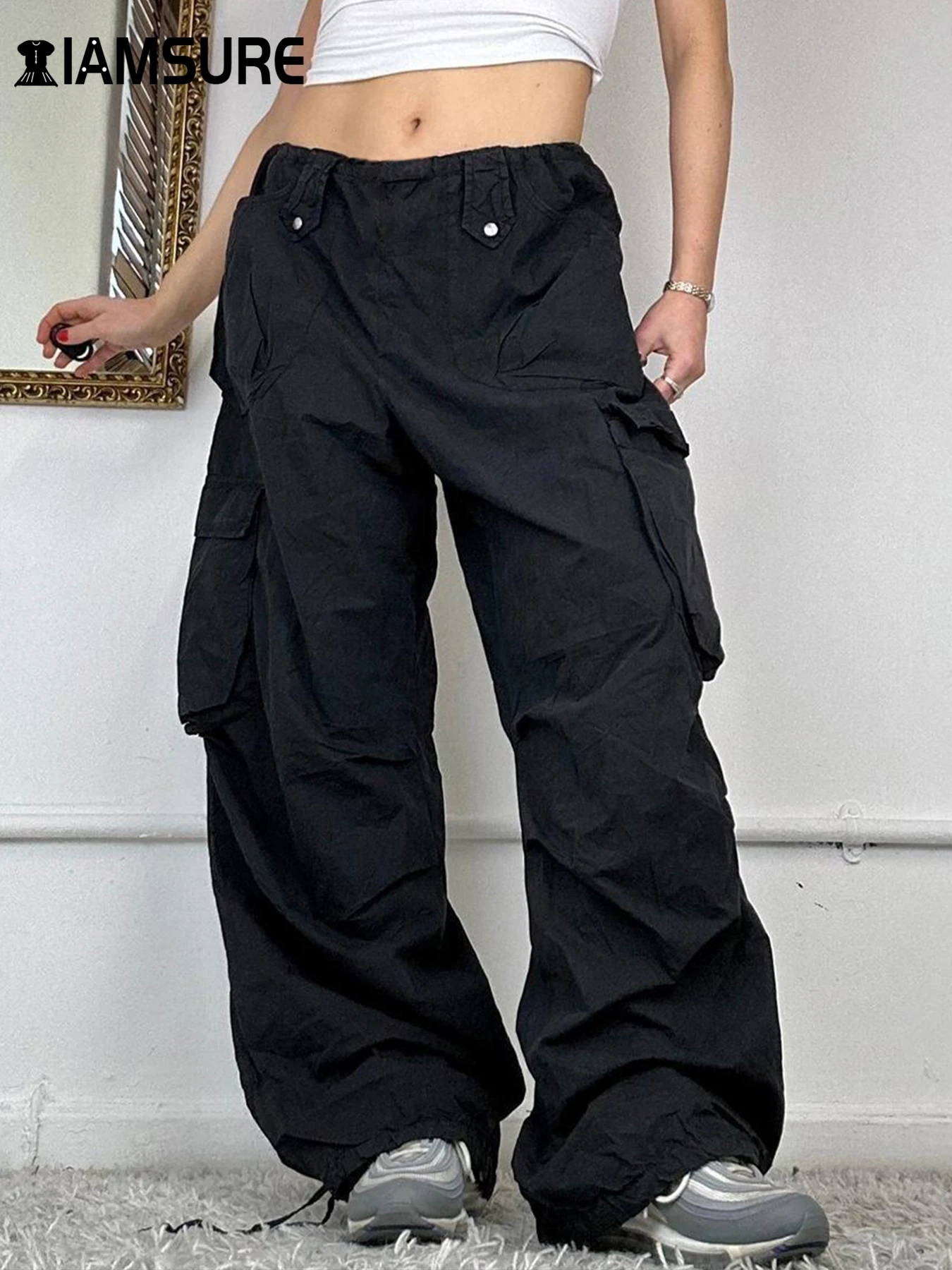 

IAMSURE Safari Style Big Pockets Drawstring Cargo Pants Casual Loose Mid-Waisted Wide Leg Pants Women 2024 Summer Fashion Lady