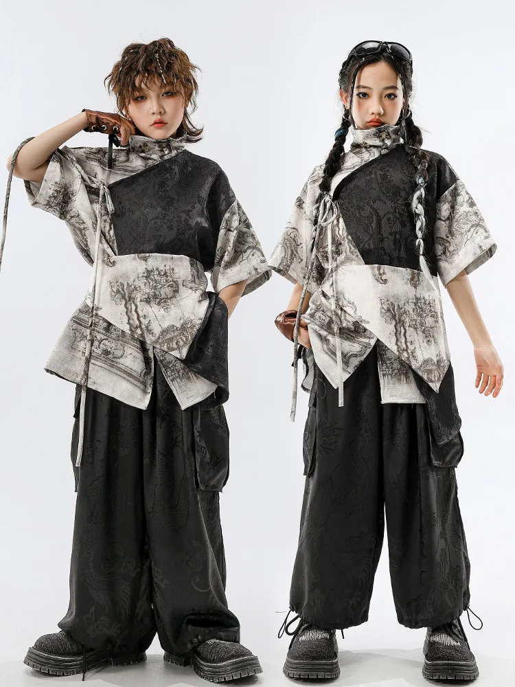 

Костюм для джазового танца, костюмы для девочек, танцевальный комплект в китайском стиле чернил Шуй, наряд в стиле хип-хоп, детская сценическая уличная одежда, выступление