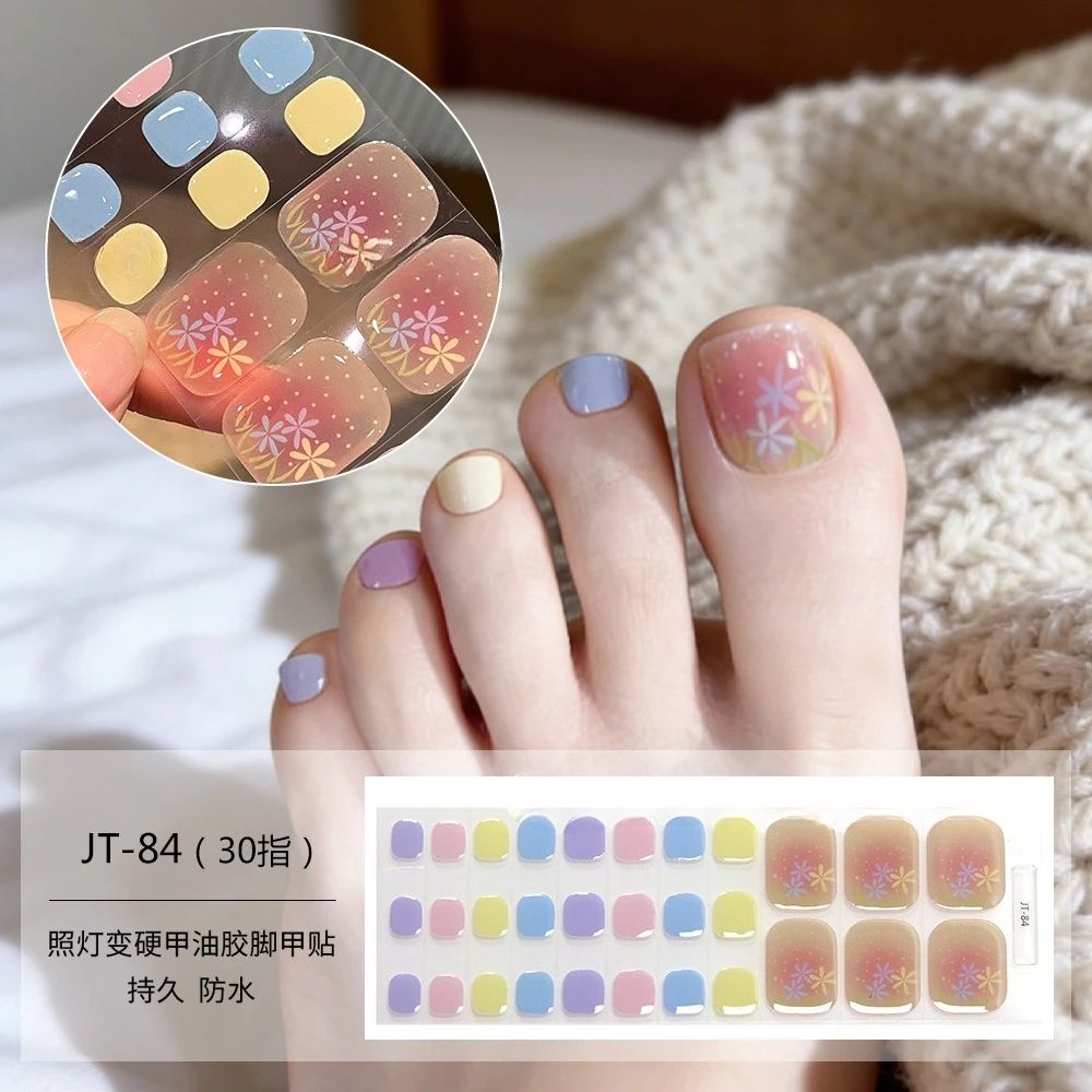 30Tips UV Semi Cured ToeNail Gel Strips Summer Candy Color Gel Nail Stickers Long-Lasting Self Adhesive Manicure Strip
