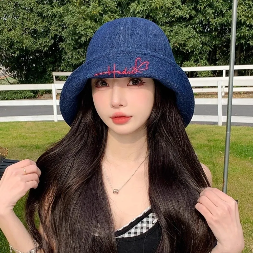 

Japanese Korean Denim Bucket Cap Y2k Bow Tie Denim Fishing Cap Versatile Sweet Sun Protection Hat Spring Summer