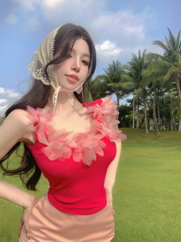 Stylish Floral 3D Strapless Vest Women's Summer Vacation Sleeveless Tank Top Sexy Top Casual Commute Style Short Length
