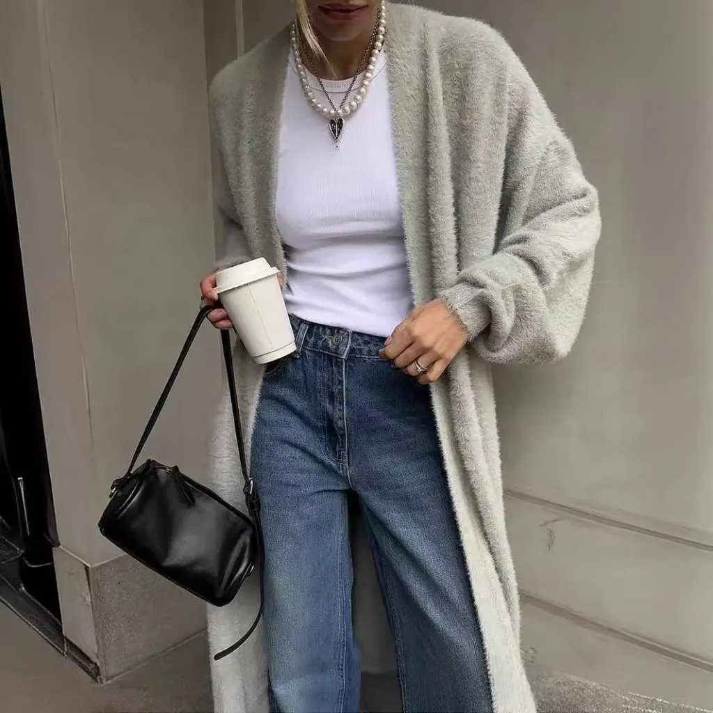 

Women's Long Imitation Sable Cardigan Autumn Winter Knitted Sweater European American Style with Belt Hot Selling Lazy Style
