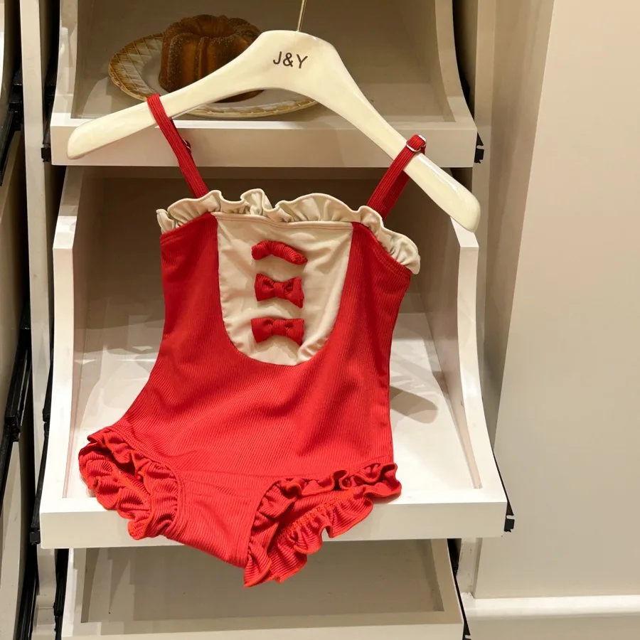 

Girls Swimsuit Summer New Korean Fashionable Sweet and Cute Color Blocked Lace Buttful Knot Princess Swimsuit