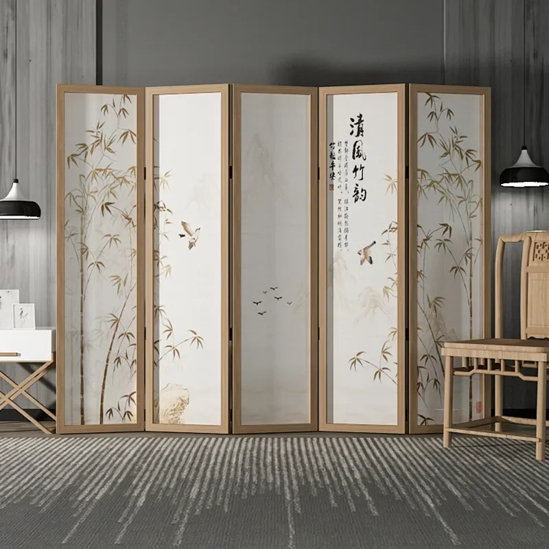 for New Chinese Style Folding Mobile Screen Partition for Porch Living Room Bamboo Frame Cloth Art Screen Fashionable and