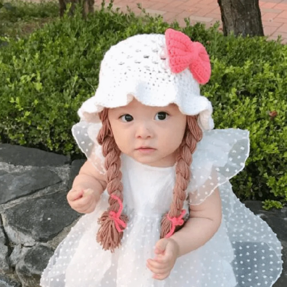

Cute Cartoon Wig Knitted Hat Bow Cherry Baby Beanie Cap Crochet Korean Style Warm Hats Winter