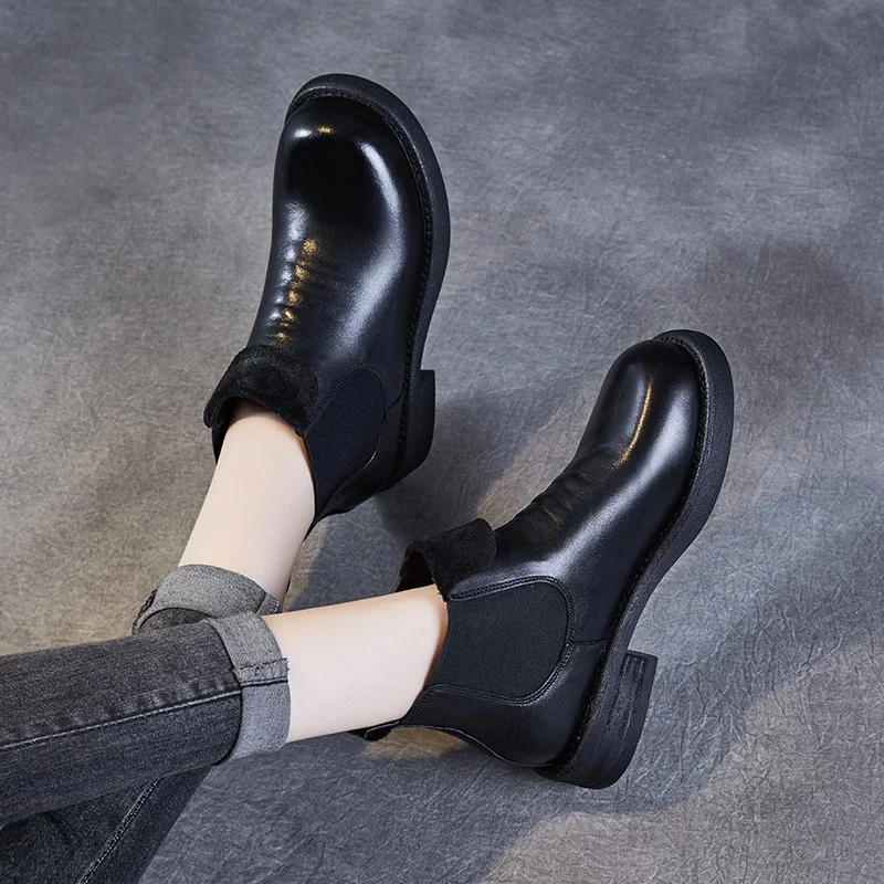 DRKANOL Women Chelsea Boots Luxury Design Genuine Leather Thick Heel Retro Style Elastic Band Slip On Pleated Casual Ankle Boots