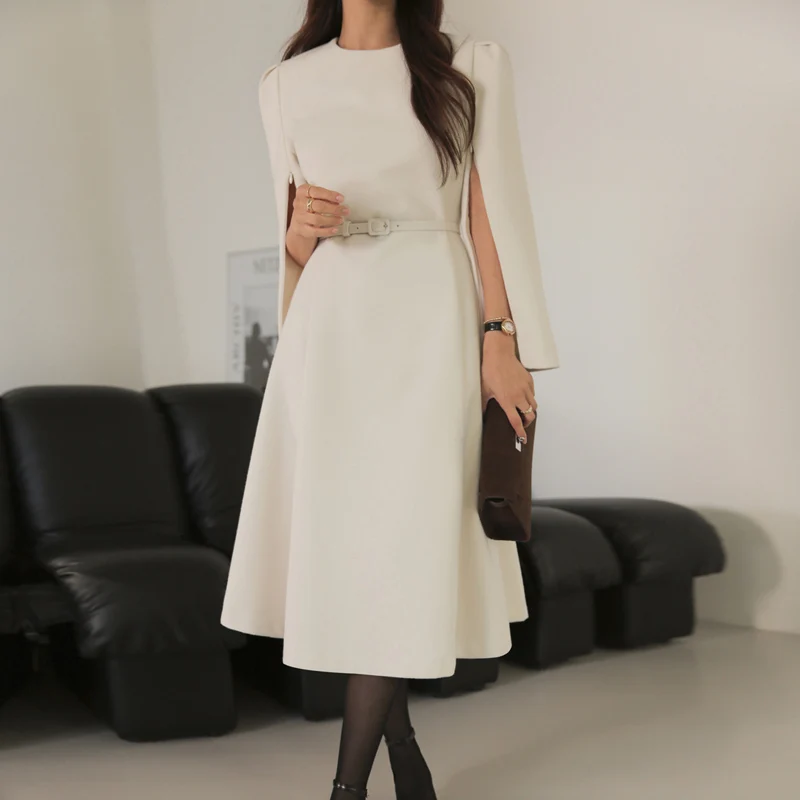 

Ele Chic Woolen Cloak Dr Slim Mid-Length Korean Sle Dr with Belt Faionable Ci Commute Long Sve Dr
