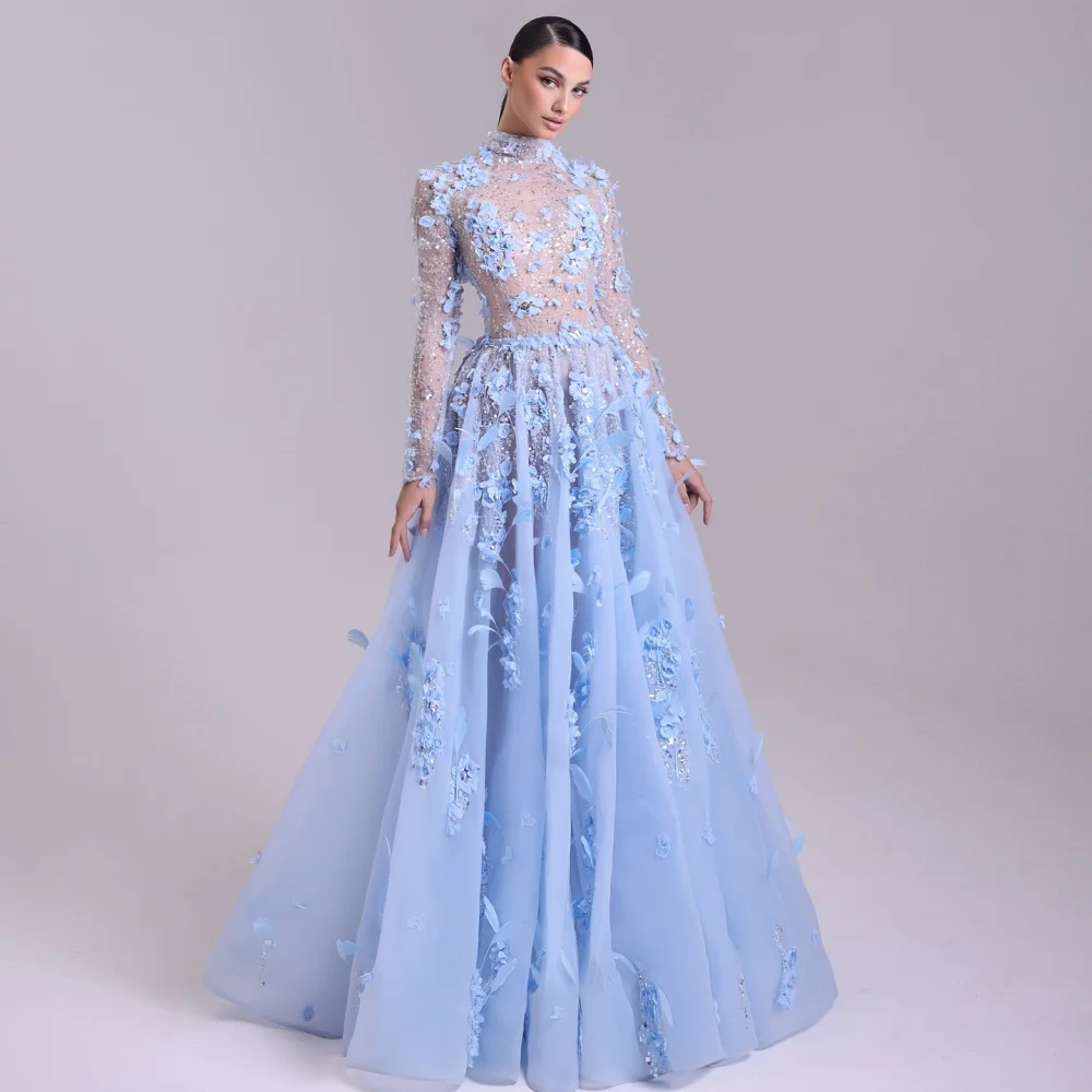 Bella personalizar vestidos de fiesta de plumas de sirena azul flores 3D cuello Halter vestidos de graduación guantes hasta el suelo vestido de novia 2025