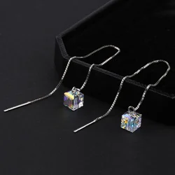 1Pair S925 Silver Needle Acrylic Square Earrings Line Tassel Chain Drop Earring Women's Ear Line Straight Jewelry Gifts