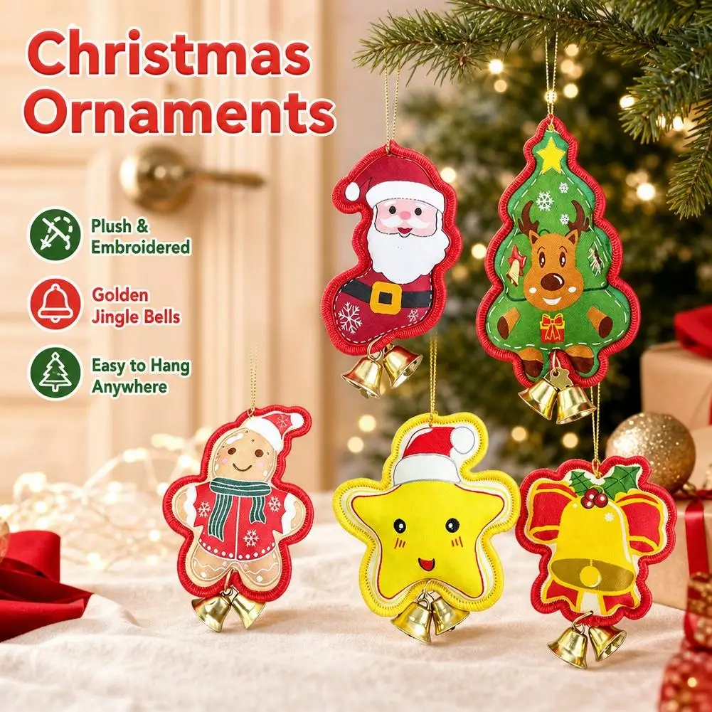 Christmas Hanging Ornament Polyester Embroidered Tree Decoration with Jingle Bells Gold Thread for Holiday Party Home Door