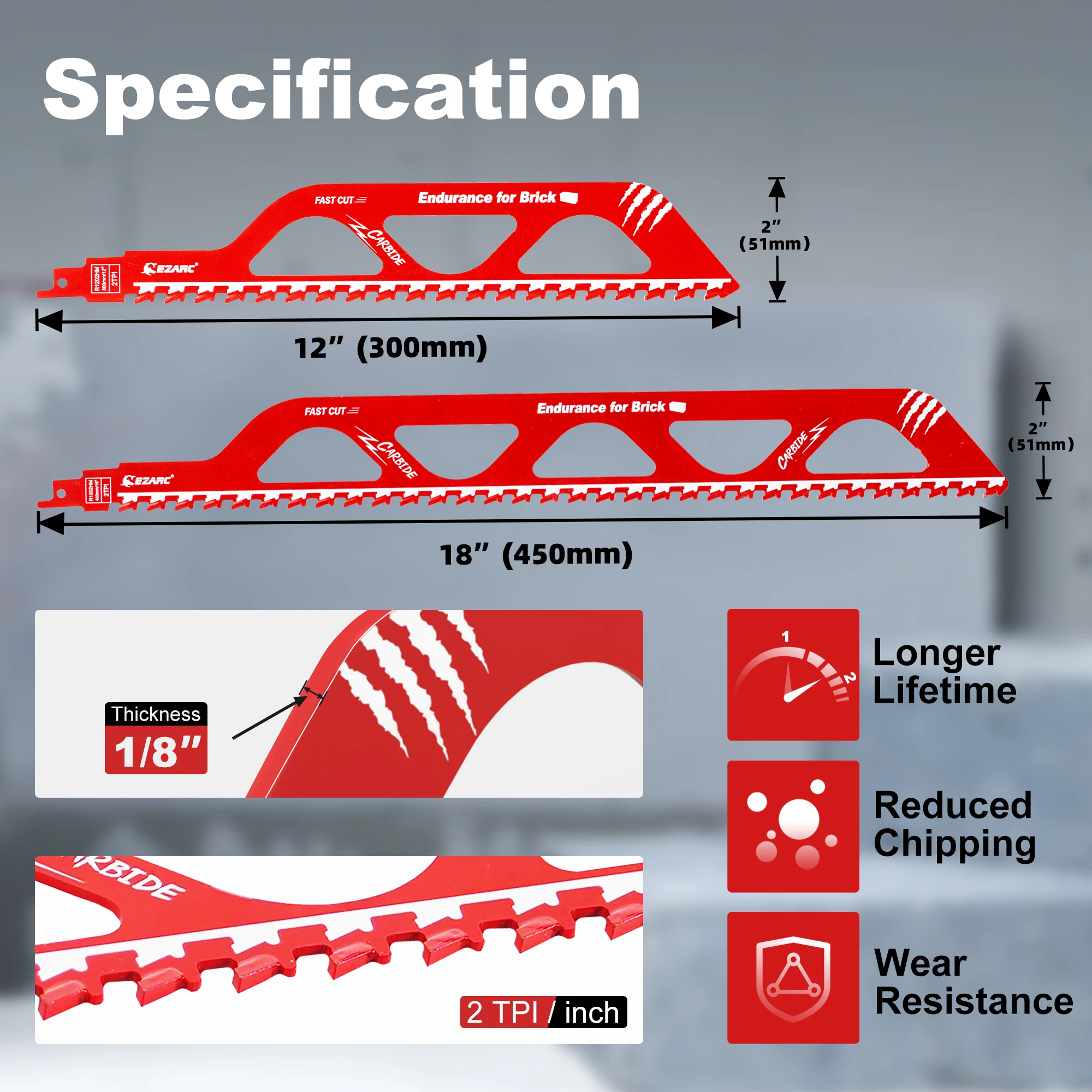 EZARC 12'/18' Demolition Masonry Reciprocating Saw Blade Carbide Sawzall Blade for Aerated Concrete Block Brick Drywall