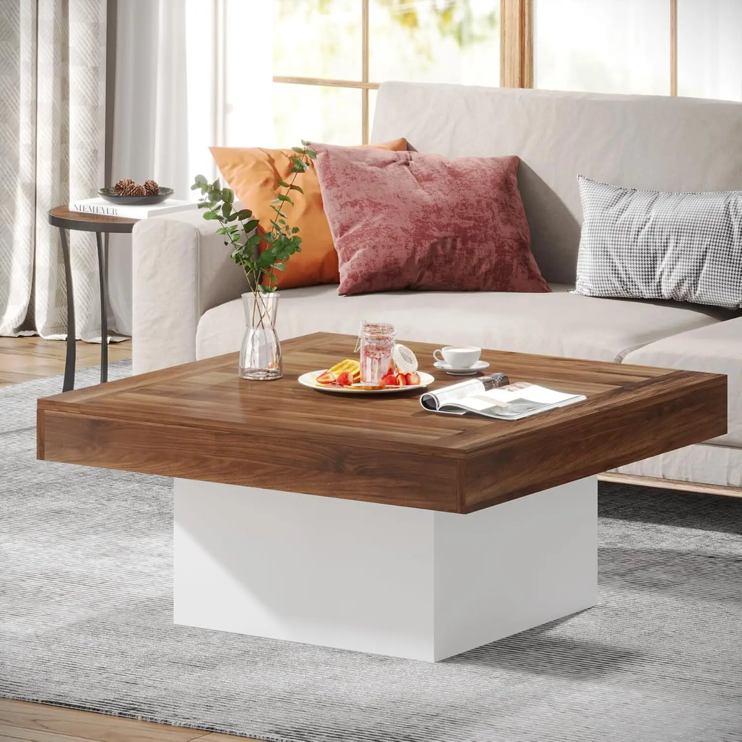 

Tribesigns Coffee Table Square LED Coffee Table Engineered Wood Low Coffee Table For Living Room (Retro Brown+White)