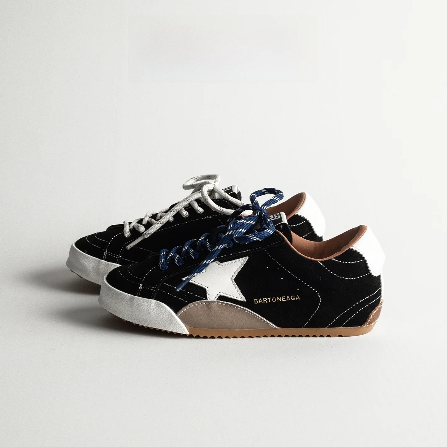 

Black Genuine Leather Star Dequn Shoes Retro Worn-Out Casual Low-Top Women's Double Strap Fashion Sneakers Increased Height