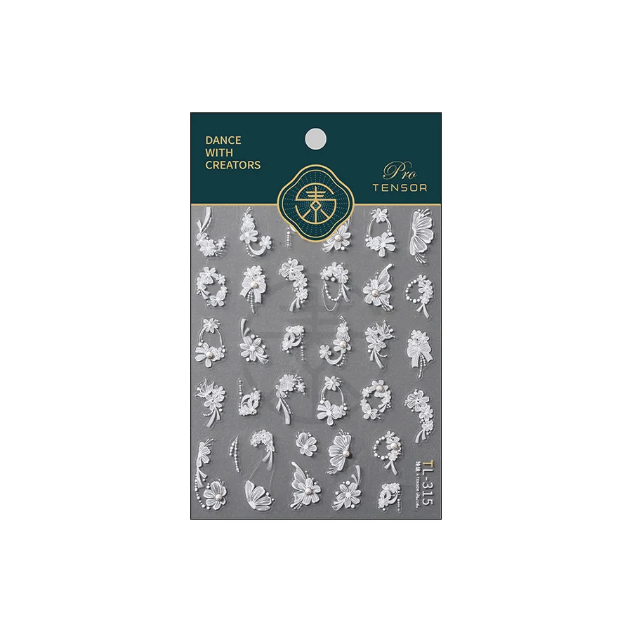 Perle papillon branche feuilles ligne 5D auto-adhésif Nail Art décorations autocollant manucure décalcomanies pétales blancs fleur floraison