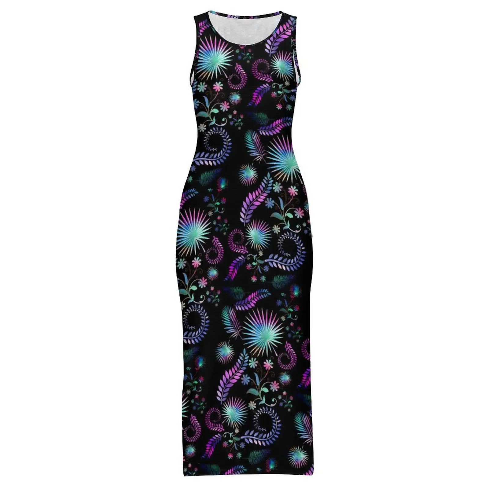 Vestido ajustado para mujer, vestidos largos sexis de plantas tropicales para primavera, vestido estampado de moda coreana sin mangas con flecos de palma, talla grande