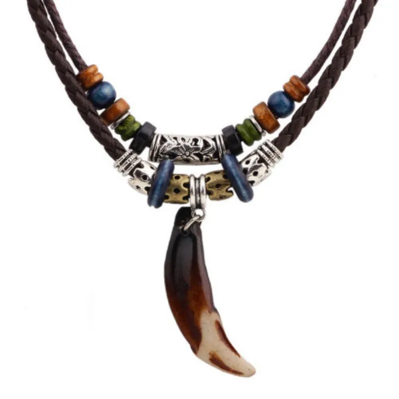 Bohemia Tooth Pendant Necklace for Men Women Beaded Weaved Leather Necklace Natural Style Initial Necklaces Jewelry Mens Gifts image 6