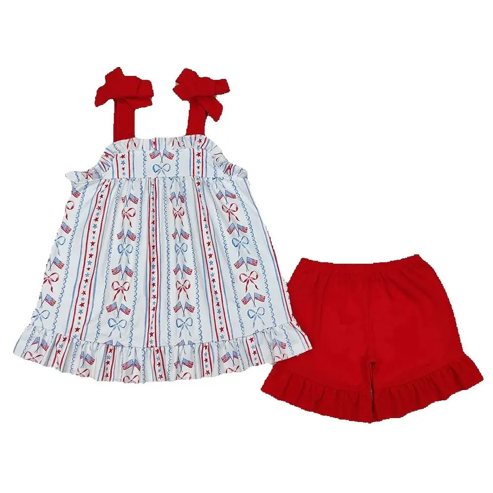 GSSO1786 Baby Girls 4th Of July Flag Bow Tunic Ruffle Shorts Clothes Sets