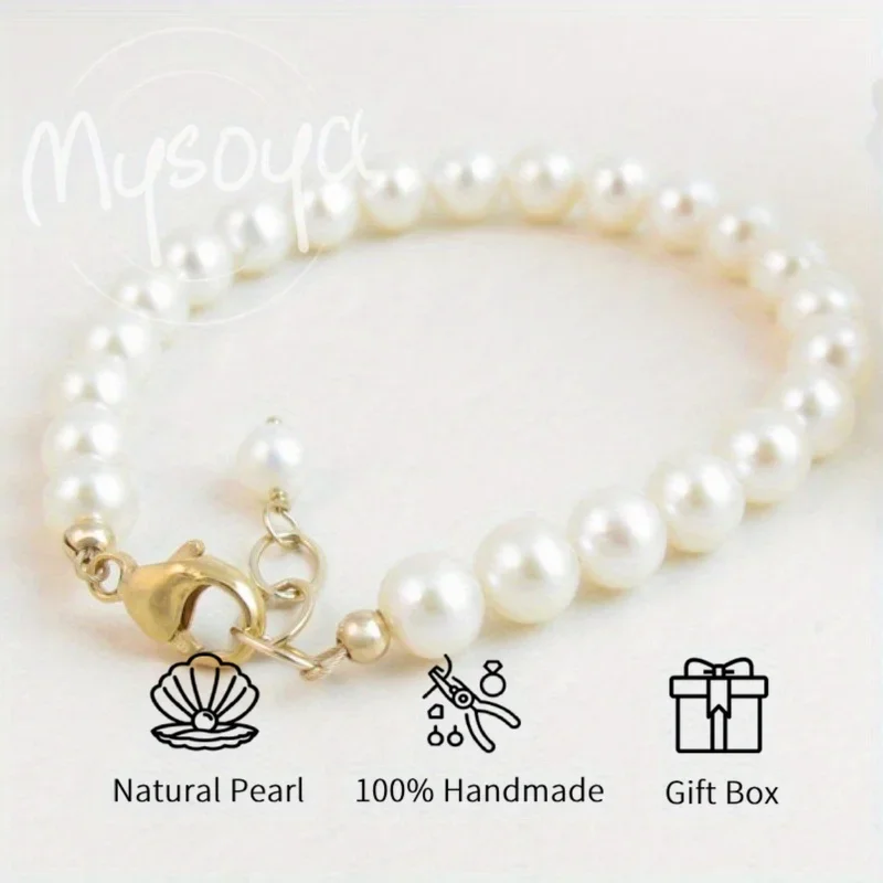 

MYSOYA 6-7mm Natural White Freshwater Pearl Bracelet For Women And Men With Gift Box Birthday Wedding Anniversary Jewelry Gift