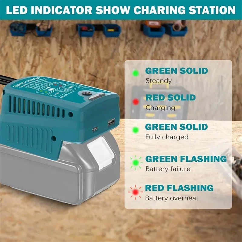 شاحن سريع محمول لبطارية ماكيتا 18 فولت BL1830 BL1850 BL1860 مع مخرج USB ونوع C 110 فولت 3A للتخييم والسفر