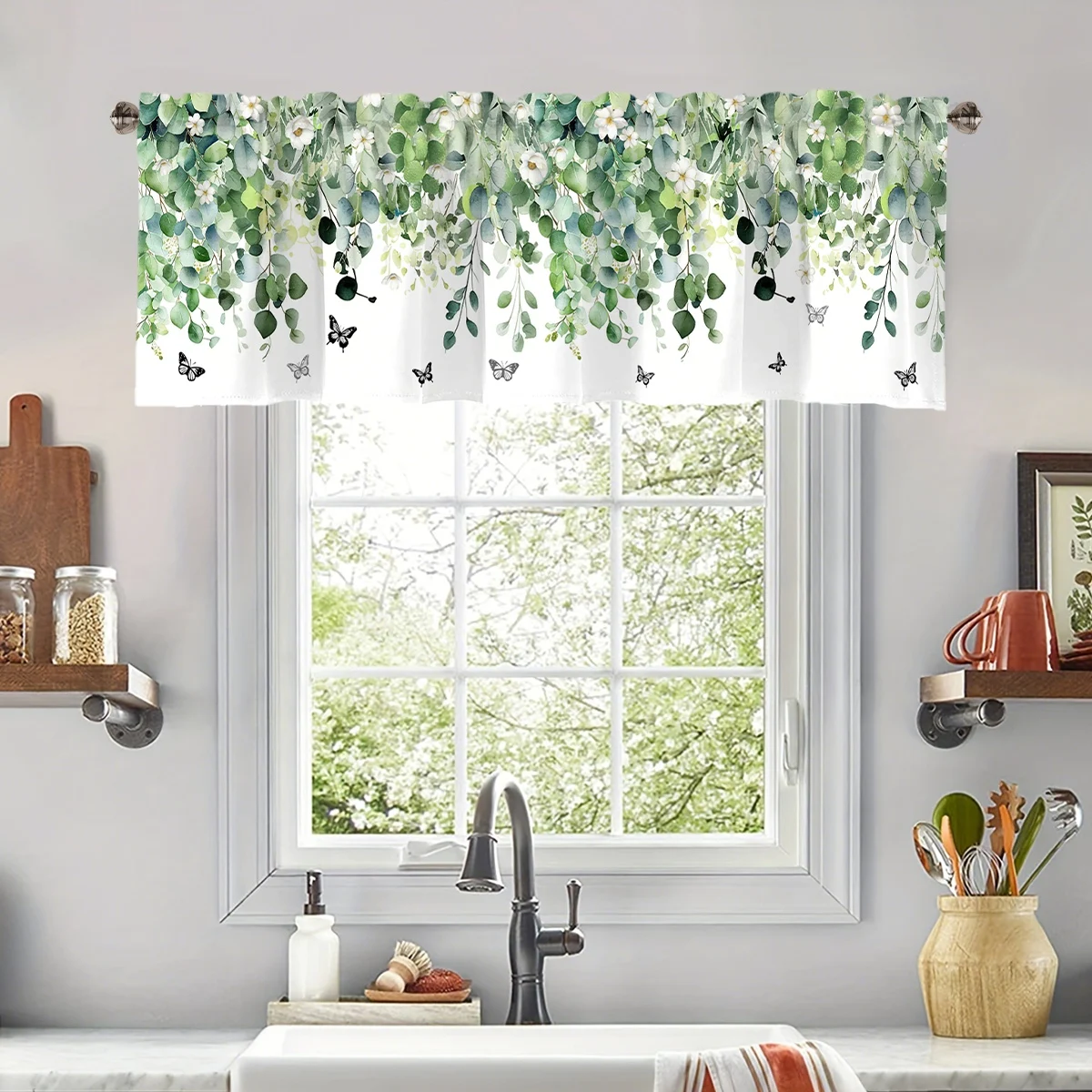 Green Eucalyptus Leaves Printed Valance 45*140cm Spring Leaves Window Short Curtain Treatment Farmhouse Living Room Home Decor