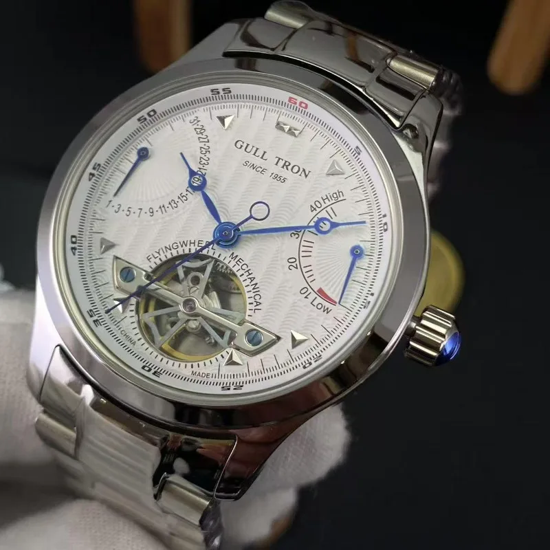 ساعة رجالية ميكانيكية أوتوماتيكية بحزام فولاذي للأعمال متعددة الوظائف وتقويم الاستقرار في الغلاف الجوي وعرض الطاقة الحركية