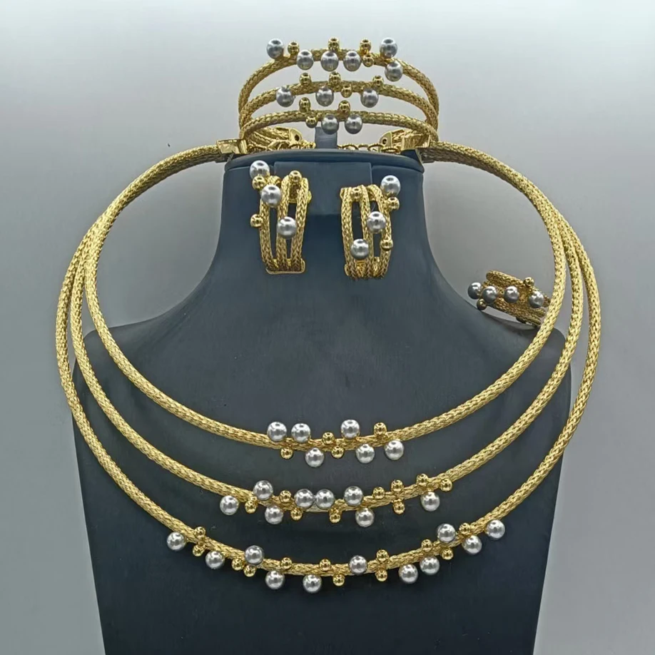 Simple Textured Three Tone Beads Jewelry Set Fashionable Elegant Necklace Bracelet Earrings Ring 4PC Jewellery for Wedding Party