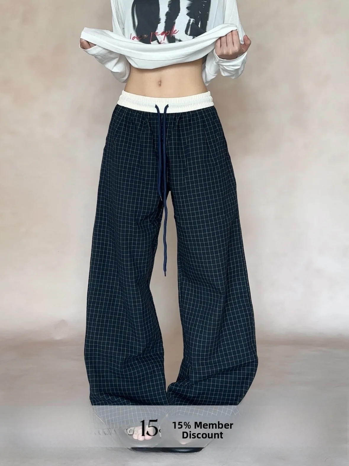 

Ja1 Vintage Color Block Loose Wide Leg Drawstring Cotton Casual Pants Comfortable Lazy Style High Waist Trousers for Women