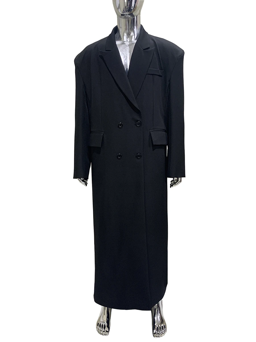 

Весенне-осенний удлиненный черный плащ большого размера, мужские подплечники, двубортное роскошное европейское модное пальто 2025 плащ мужской пальто мужское