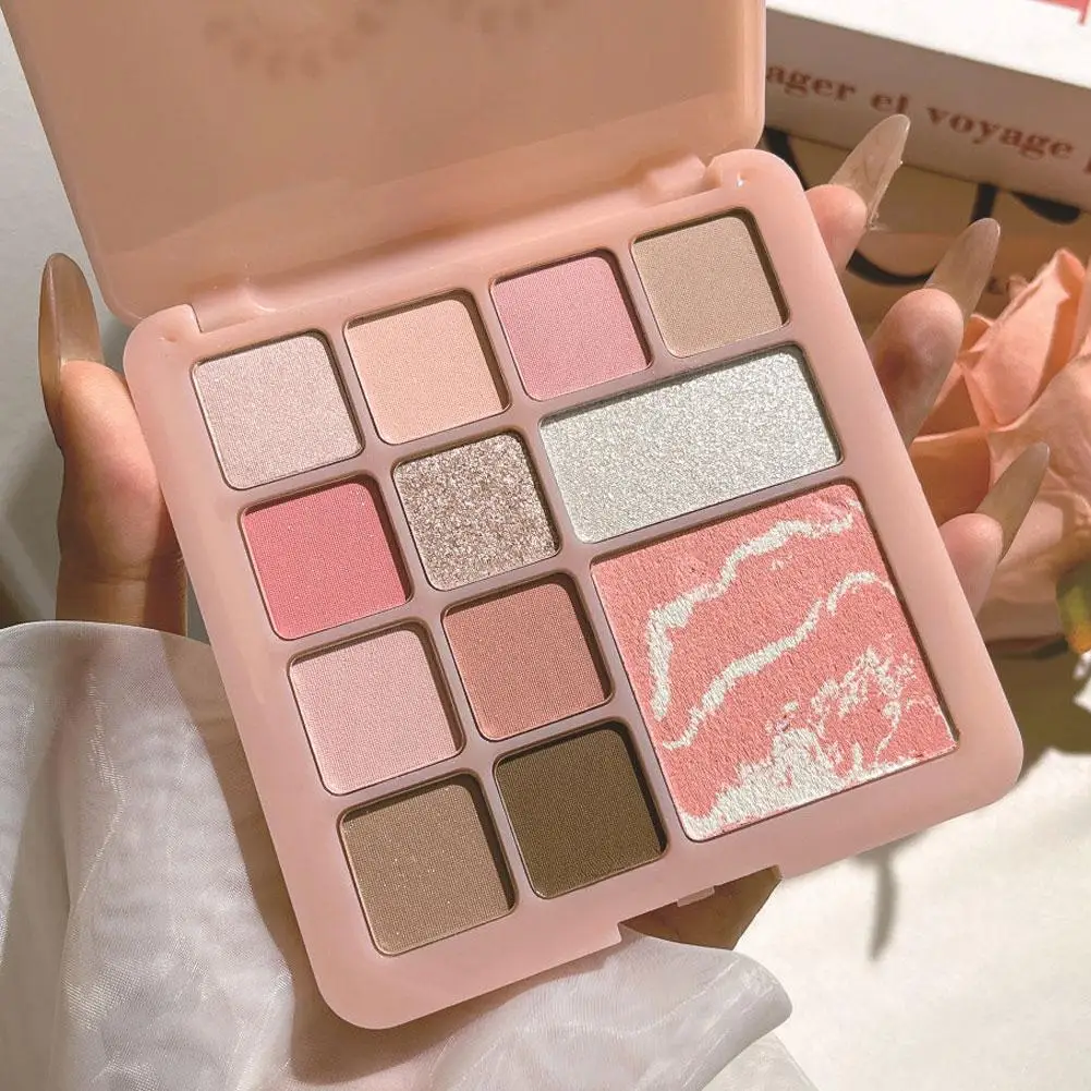 Palette di ombretti a bassa saturazione da 12 colori Perlato opaco Fine Shimmer Evidenzia rosa rosa Blush Cosmetico glitter impermeabile