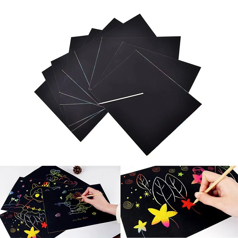 10/30/50 Stück schwarzes Kratzpapier 16K/32K, buntes Kratzwachspapier mit visuellem Effekt, DIY-Malerei, Kunst, kreatives Zeichenzubehör, XJM – Detail 6