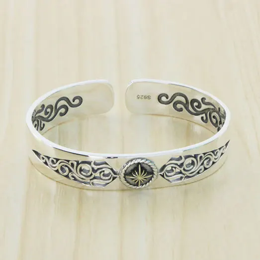 

China-Chic Jewelry 925 Sterling Silver Tang Grass Pattern Bracelet Male Fashion Indian Style Opening Vintage Couple Bracelet Fem