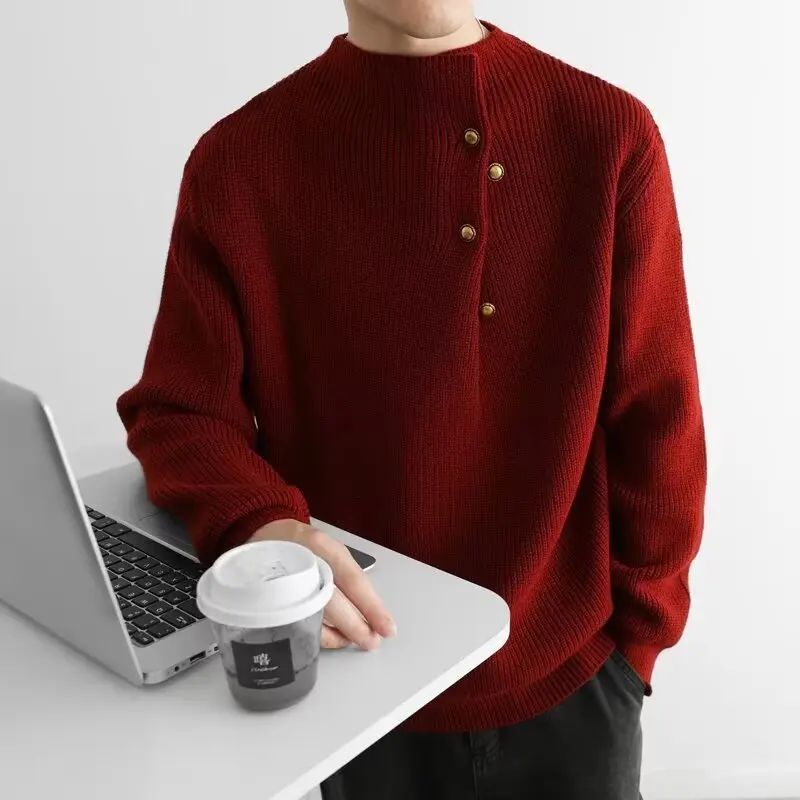 

Красный тяжелый вязаный свитер с металлическими пуговицами, свободный повседневный ретро-высокий зимний мужской свитер из полиэфирного волокна, тепло