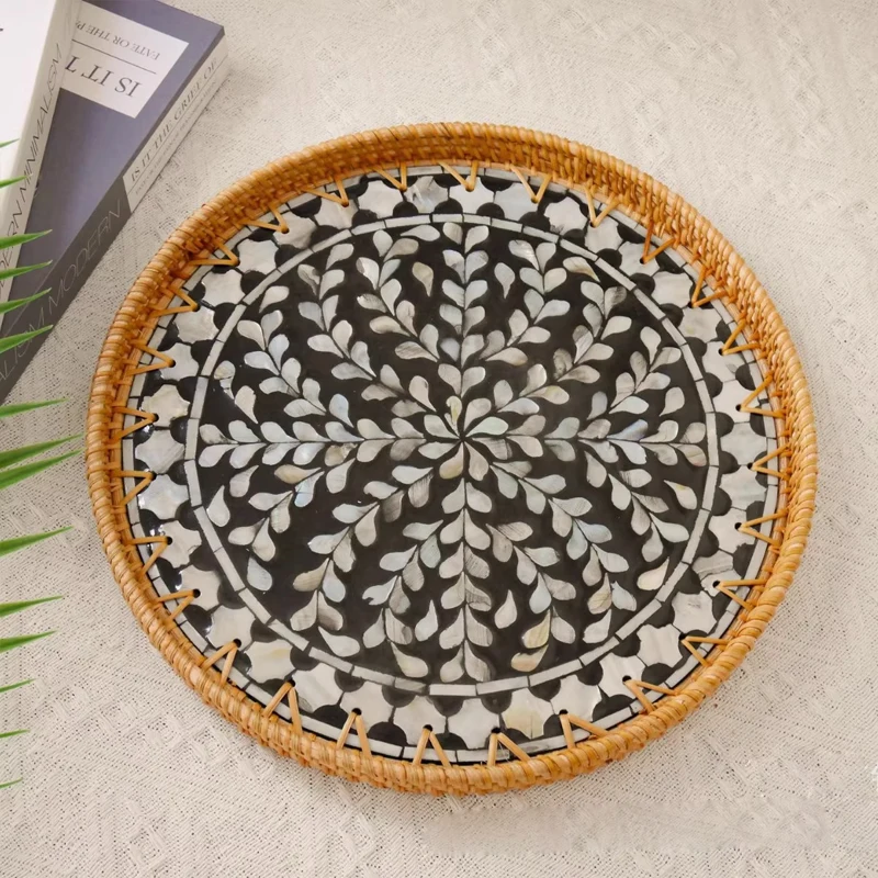 Wabi-sabi Vintage Rattan Fruit Tray with Seashell- Rustic Woven Snack Plate for Living Room,Dessert Server & Boho Home Decor