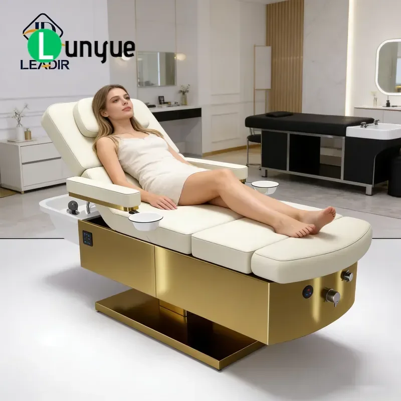 Luxury Electric Shampoo Bed with Gold Bottom Head and Foot Rest Facial Massage Table for Beauty Spa Eyelash Extension