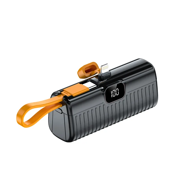 5000mAh Large Capacity Mini Capsule Power Bank with Built-in Cable for Fast Charging Pocket Compact Digital Display Power Bank