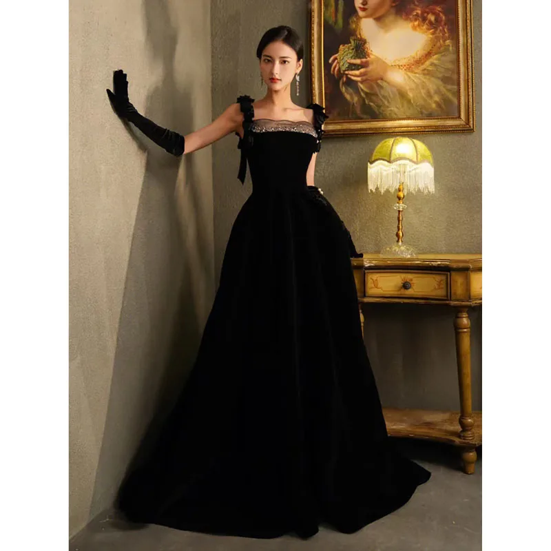 

Romantic Vintage Evening Dress Velour Bowknot Camisole Hepburn Style Texture Quinceanera Dresses French Grace Banquet Ball Gown