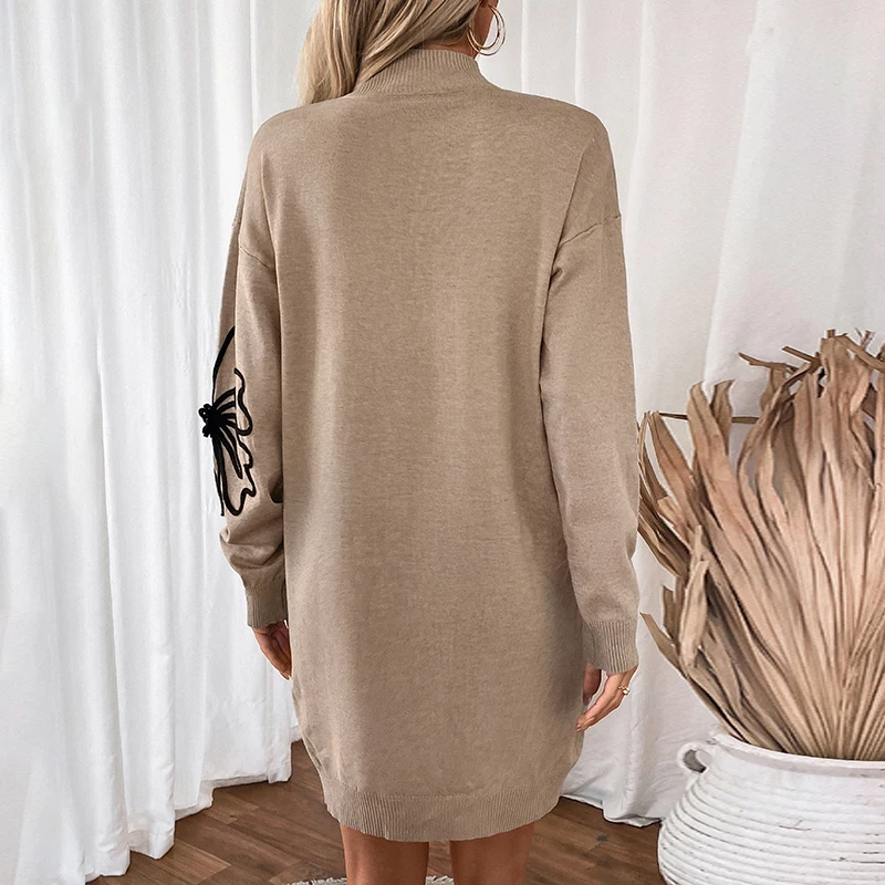 Women's Khaki Mock Neck Black Floral Pattern Sweater Dress Long Sleeve Autumn Winter Casual Loose Fit Daily Fashion Warm Outfit