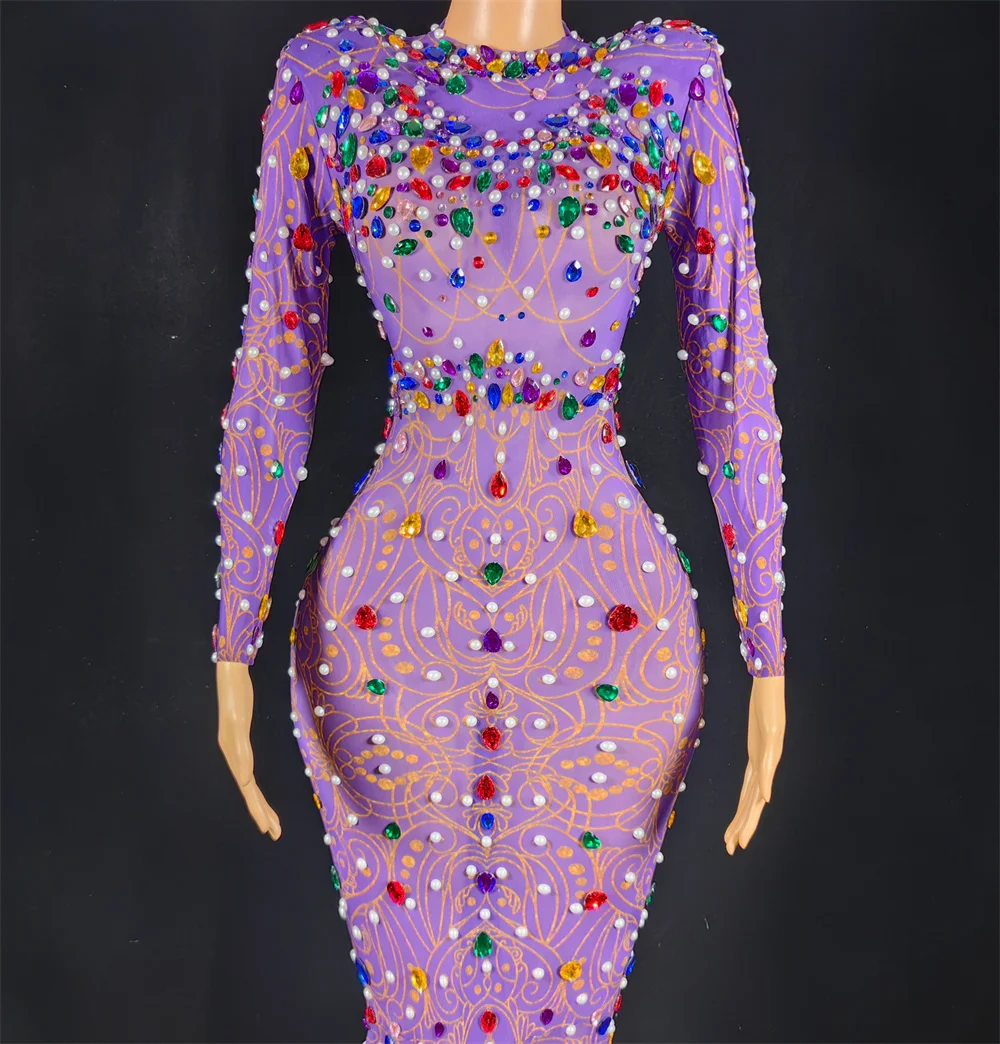 보라색 바닥 길이 드레스 라인스톤 파티 드레스 여성용 럭셔리 우아한 이브닝 드레스 글리터 댄스홀 여왕 의상 yj177