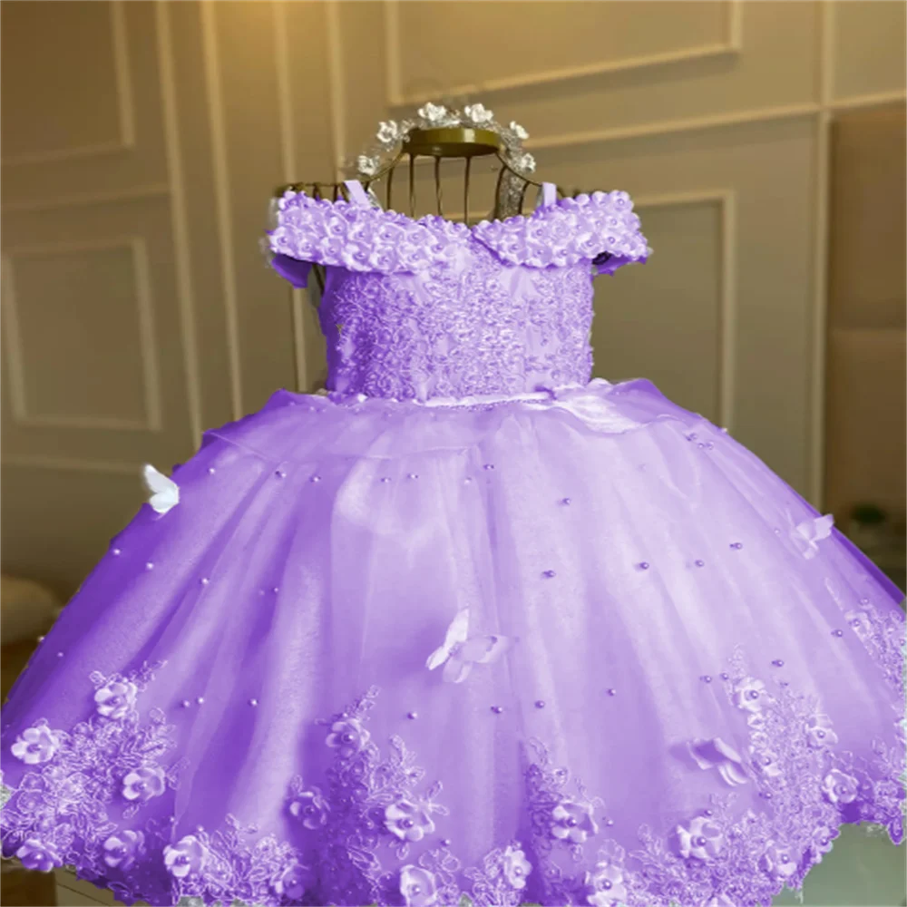 Pérolas céu azul flor menina vestido para casamento 3d borboleta sem mangas com arco festa de aniversário crianças natal princesa vestido de baile