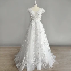 DIDEYTTAWL Cap Sleeves 3D Flower Tulle Deep V-Neck Wedding Dress Princess A-Line Backless Sweep Train Bridal Gown Real Picture