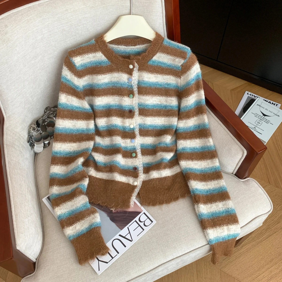 

Coffee Striped Cardigan for Women Sweater Y2k Vintage 2000s Jumper Long Sleeves Korean Knit Sweater Jacket Autumn Winter 2025